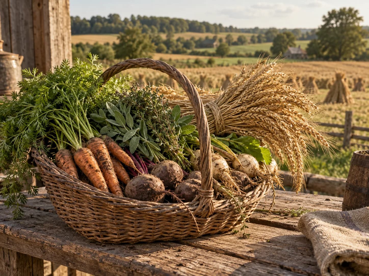 Panier de légumes, d'herbes et de blé récoltés à la ferme